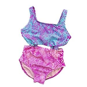 One Piece Pink & Turquoise Print Bathing Suit with Knotted Cut Outs Size S 6/6X